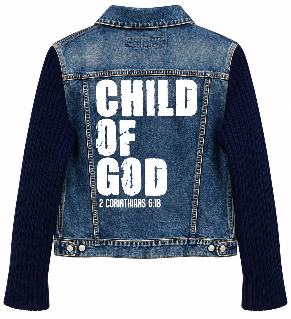Child of God Custom Christian Upcycled Guess Jeans Knit Sleeves Denim Jacket, XL